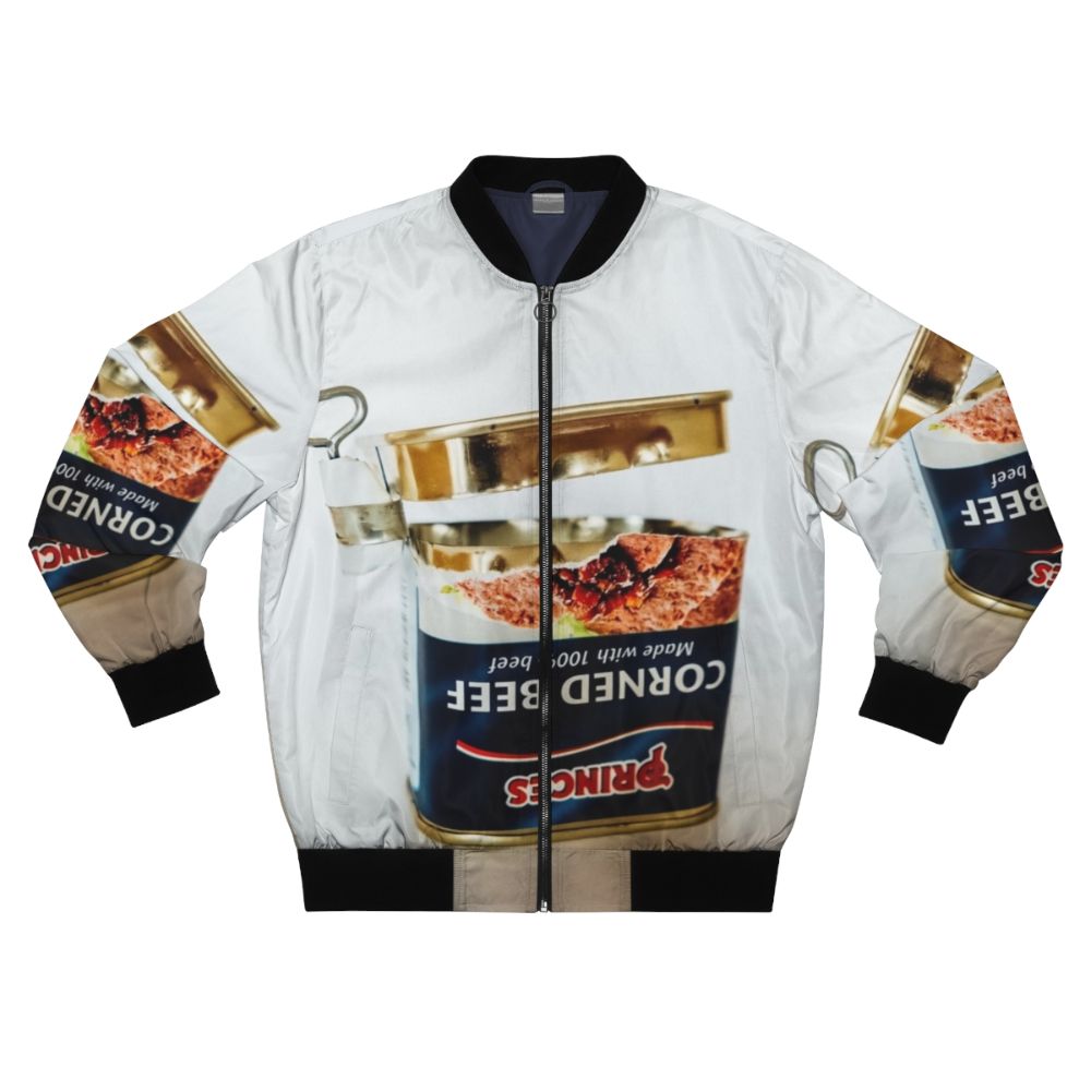 Empty tin of corned beef used as a fun and unique bomber jacket design