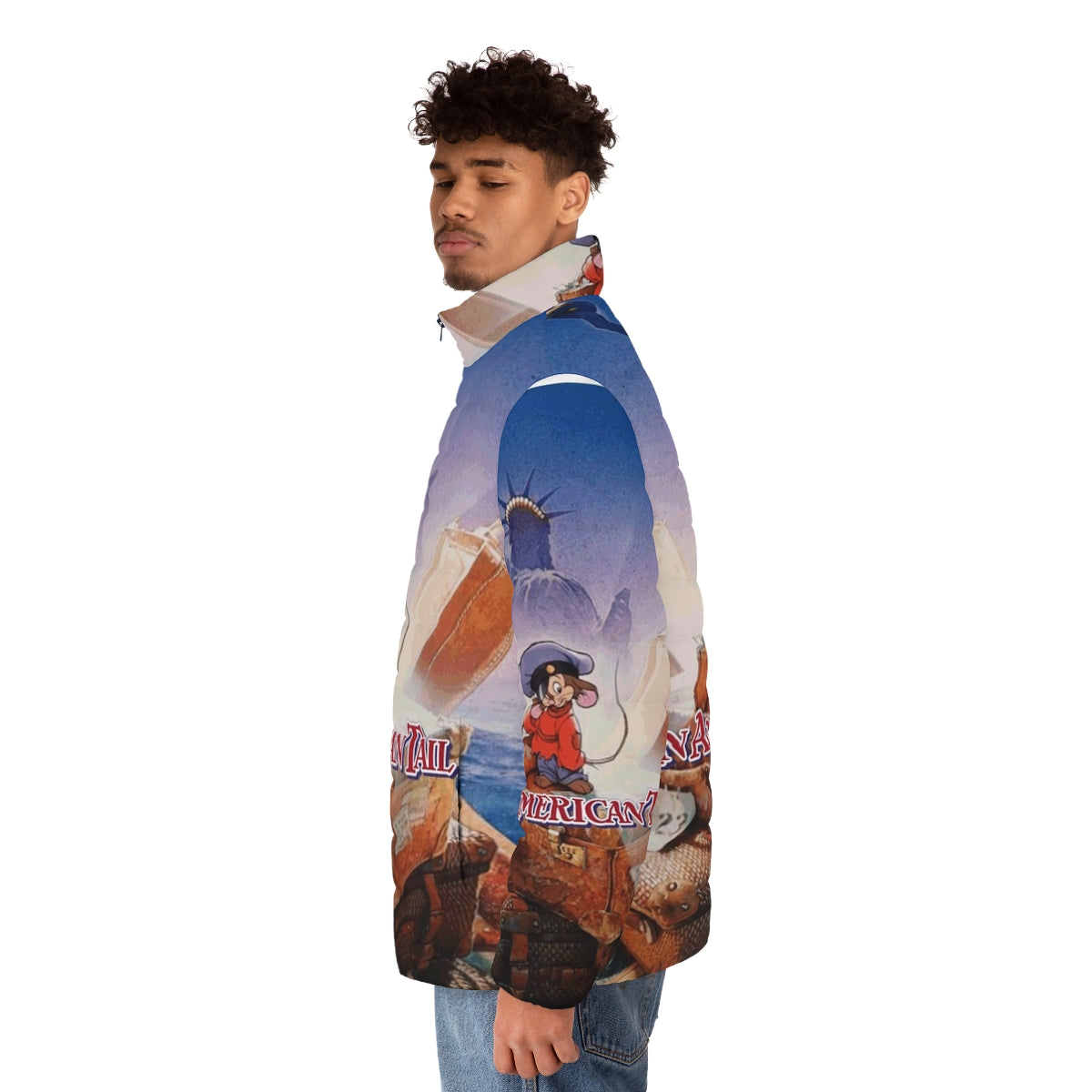 Drew Struzan inspired An American Tail puffer jacket featuring Fievel and the Statue of Liberty - men side left