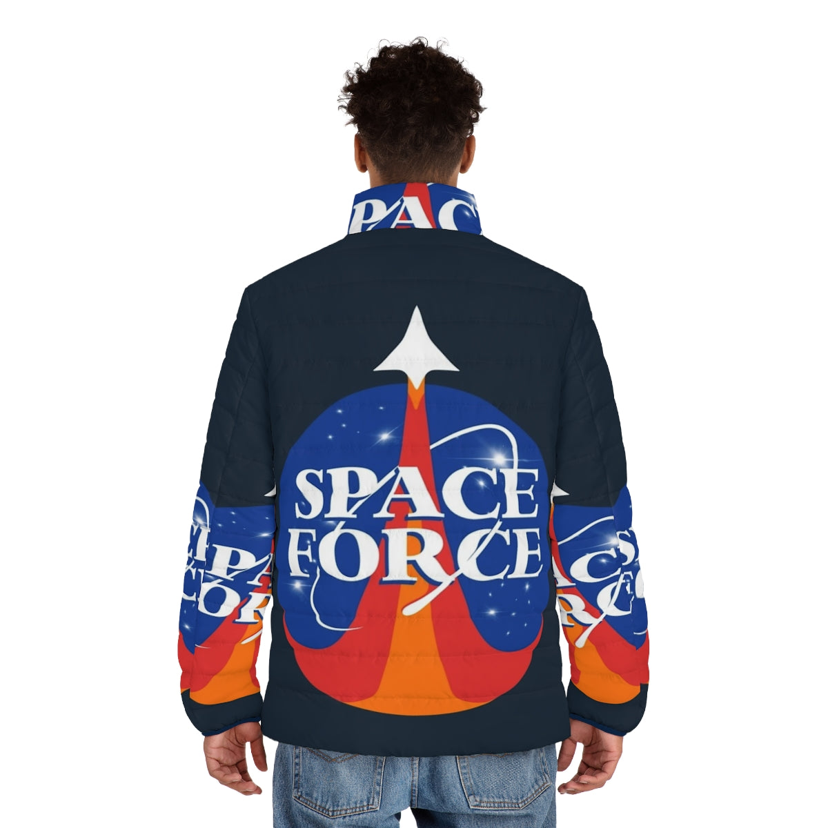 Space Force Puffer Jacket with Vintage Moon Landing Graphics - men back