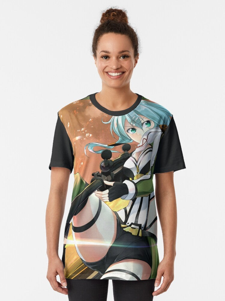 Sinon, a female character from the anime series, holding a rifle graphic on a t-shirt. - Women