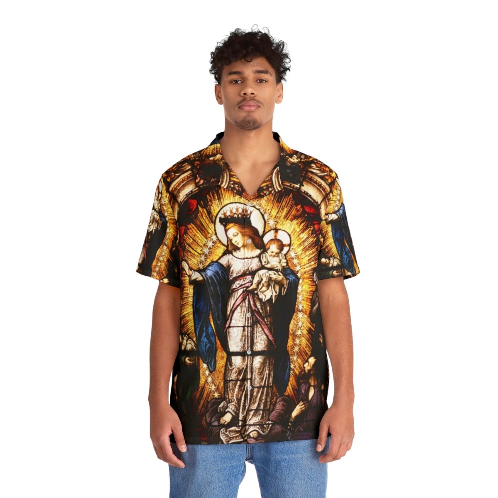 Virgin Mary Hawaiian Shirt with Stained Glass Design - People Front