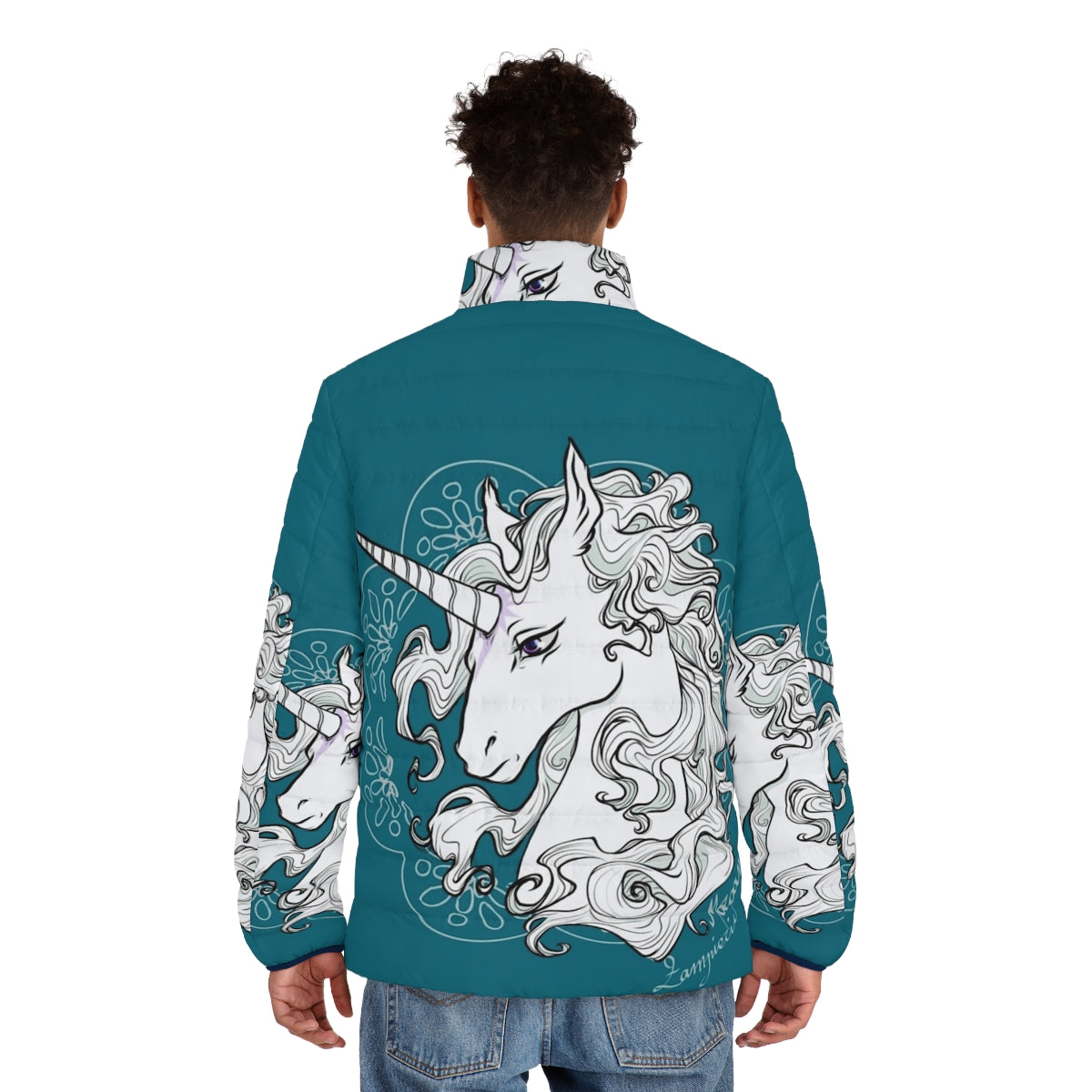 Sea green puffer jacket with unicorn and fantasy design - men back