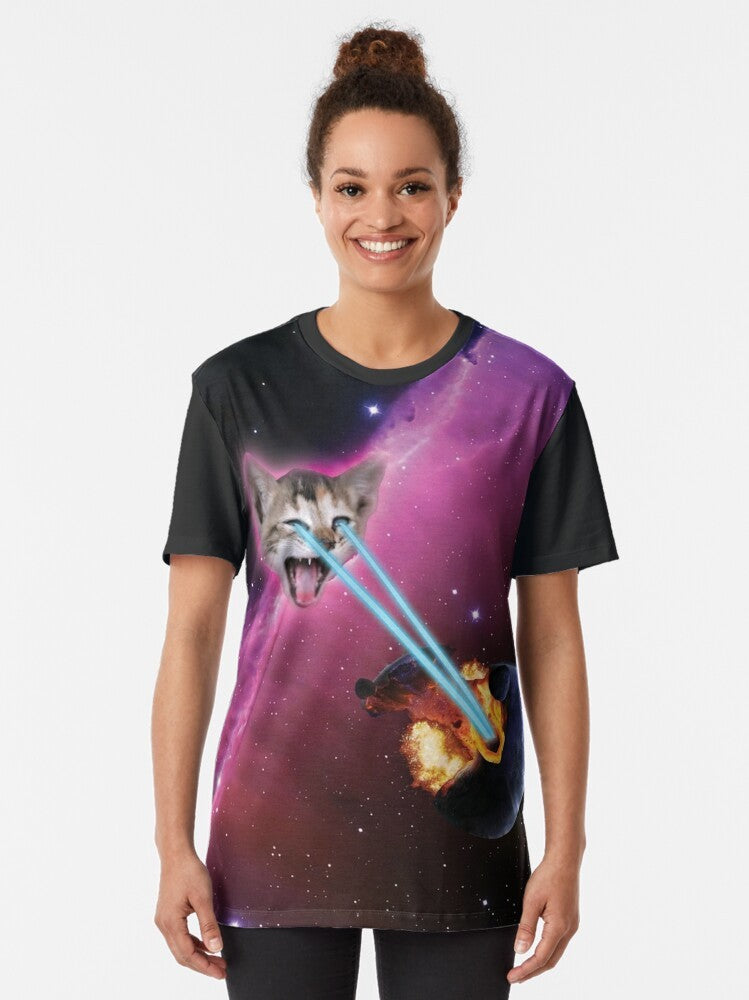 A graphic t-shirt design featuring a laser-wielding cat destroying planets in space. - Women