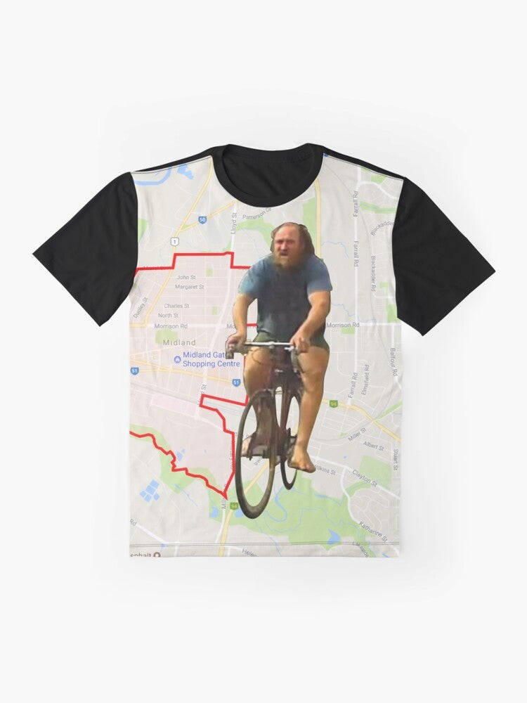 Mad dog graphic t-shirt featuring a funny illustration of a dog riding a bike in Australia - Flat lay