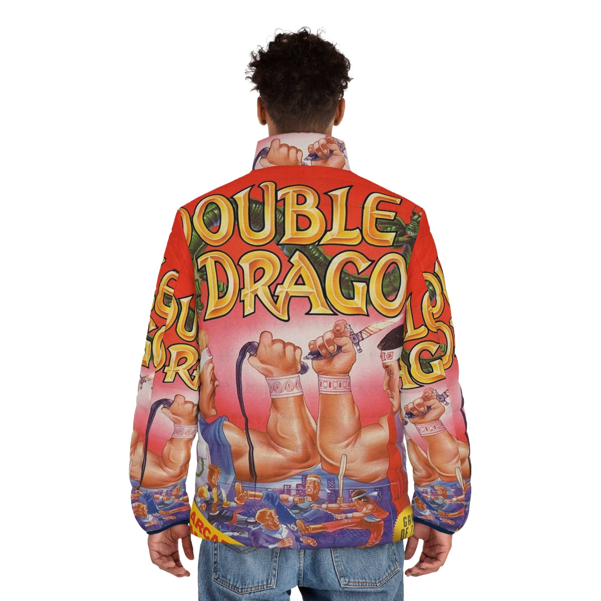 Double Dragon inspired puffer jacket with retro video game graphics - men back