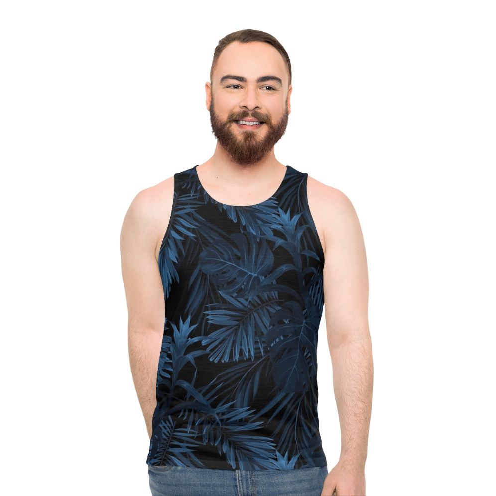 Tropical Indigo Blue Unisex Tank Top with Botanical Leaf Print - men