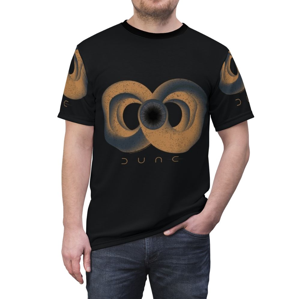 Vintage-inspired graphic t-shirt featuring a distressed Dune sandworm and infinity sign design - men front