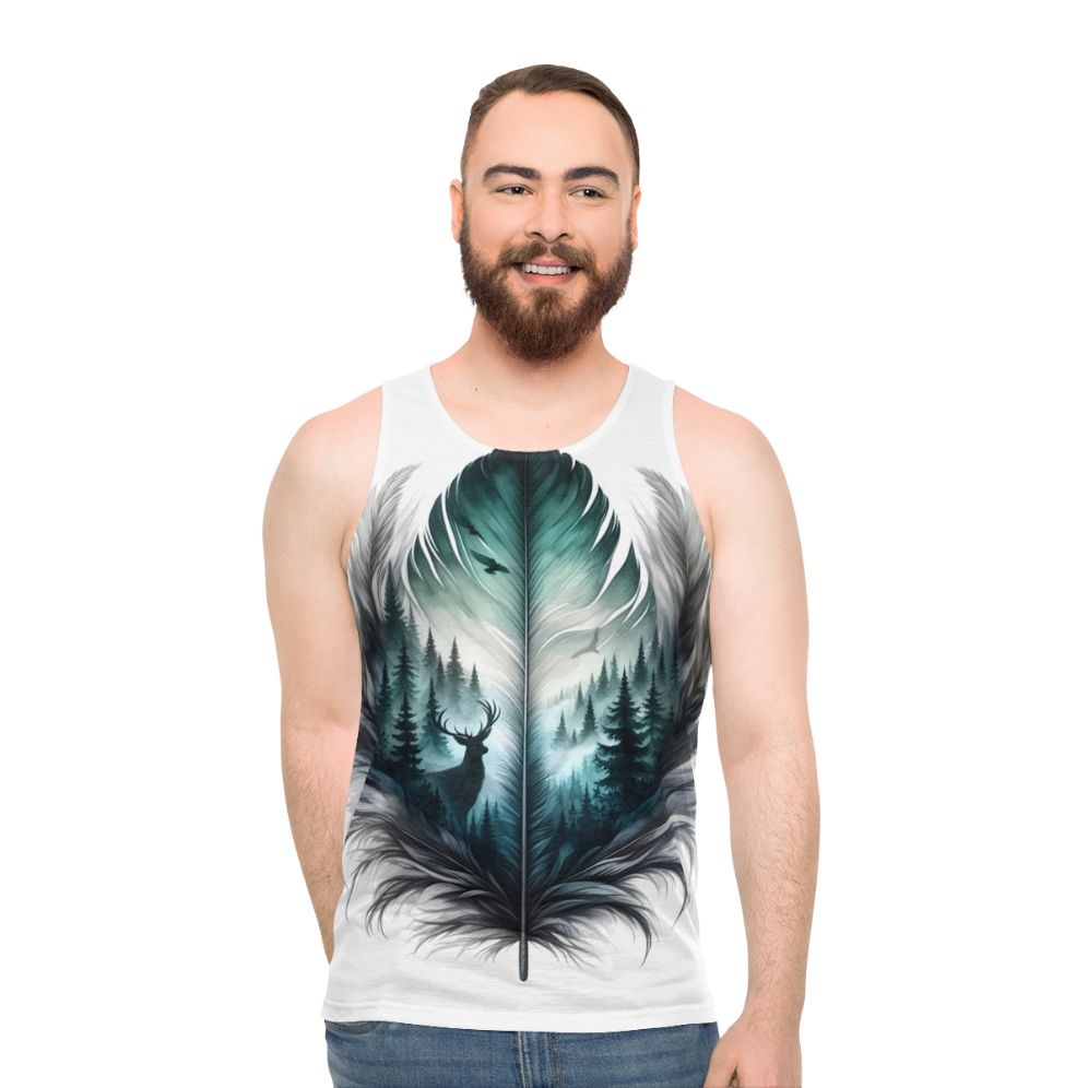 Unisex forest feather tank top with nature inspired design - men