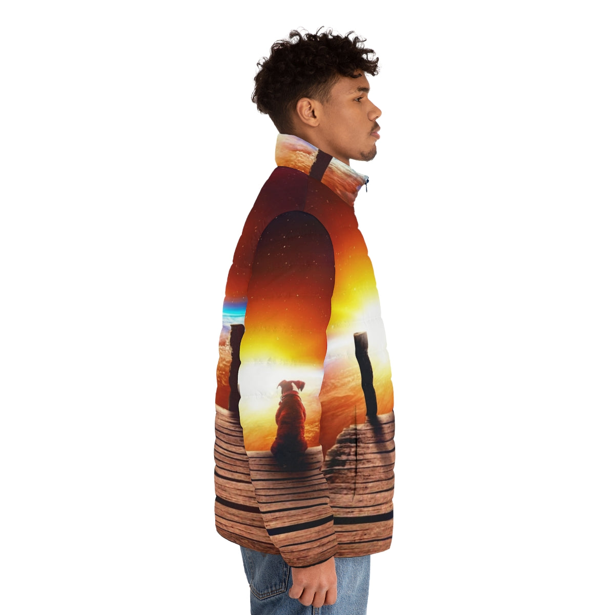 Surreal digital art puffer jacket with a dog in a space-like setting - men side right