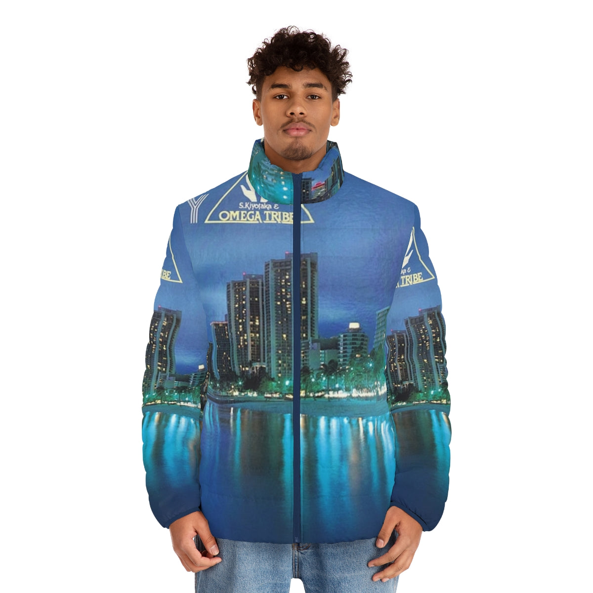 Retro 1980s puffer jacket featuring the album cover art of S Kiyotaka's Omega Tribe Aqua City 1983 - men front