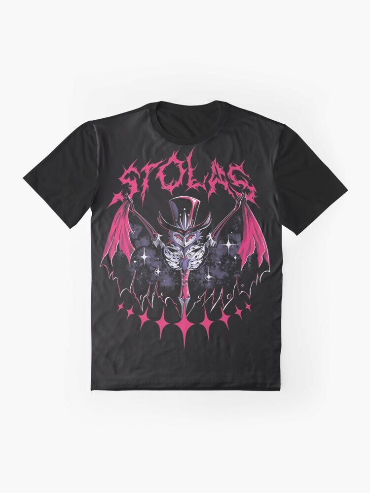 Stolas, the owl demon from the Hazbin Hotel animated series, featured on a graphic t-shirt design. - Flat lay