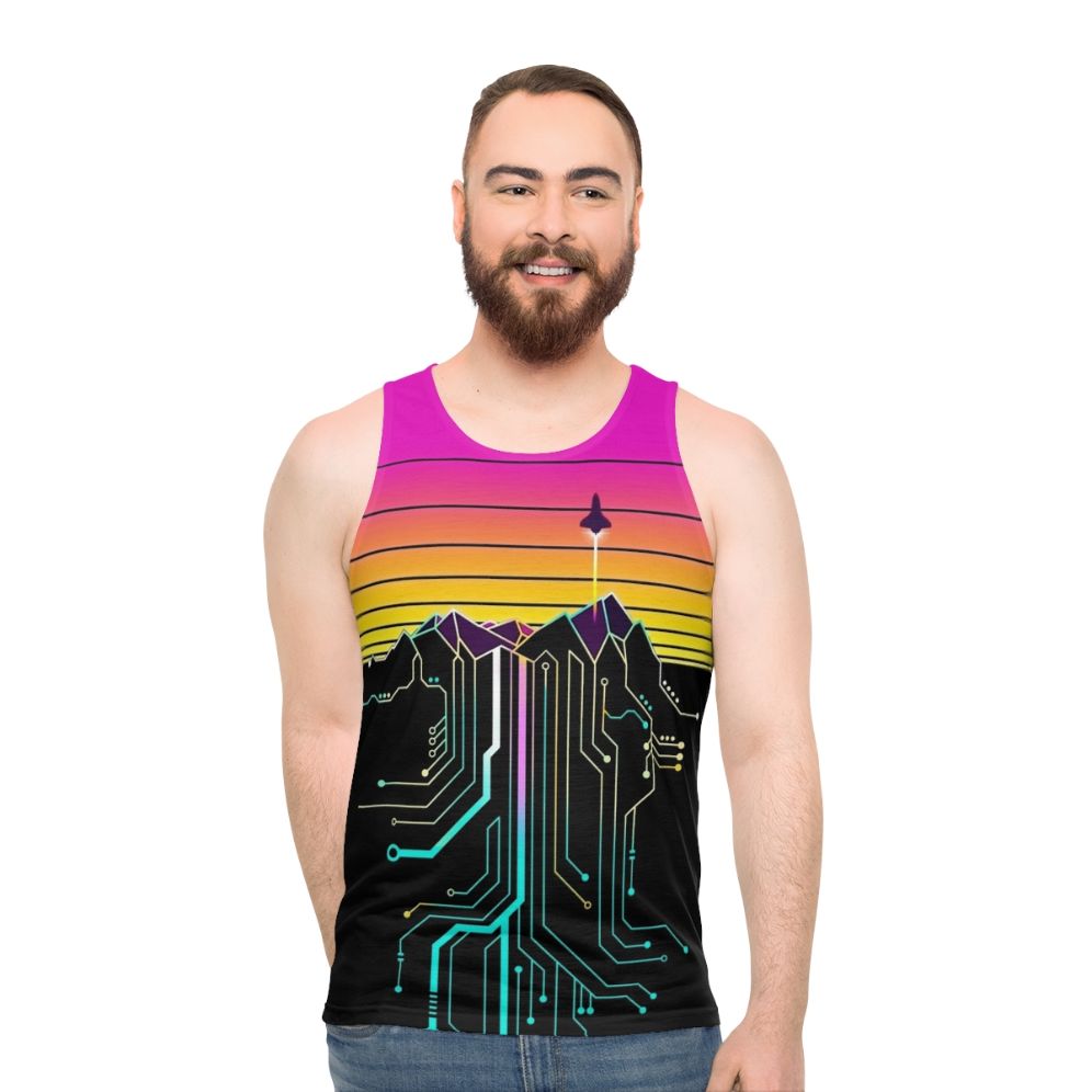 Unisex tank top with synthwave, vaporwave, and NASA space-inspired design - men