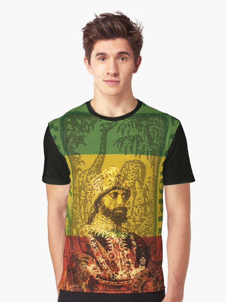 Haile Selassie Emperor of Ethiopia Graphic T-Shirt with Rastafarian and Reggae Motifs - Men