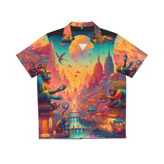 Vibrant Hawaiian shirt featuring a city of monkeys design