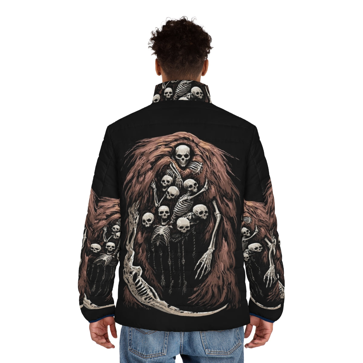 Dark Souls inspired Gravelord V2 puffer jacket featuring a spooky skeleton design - men back