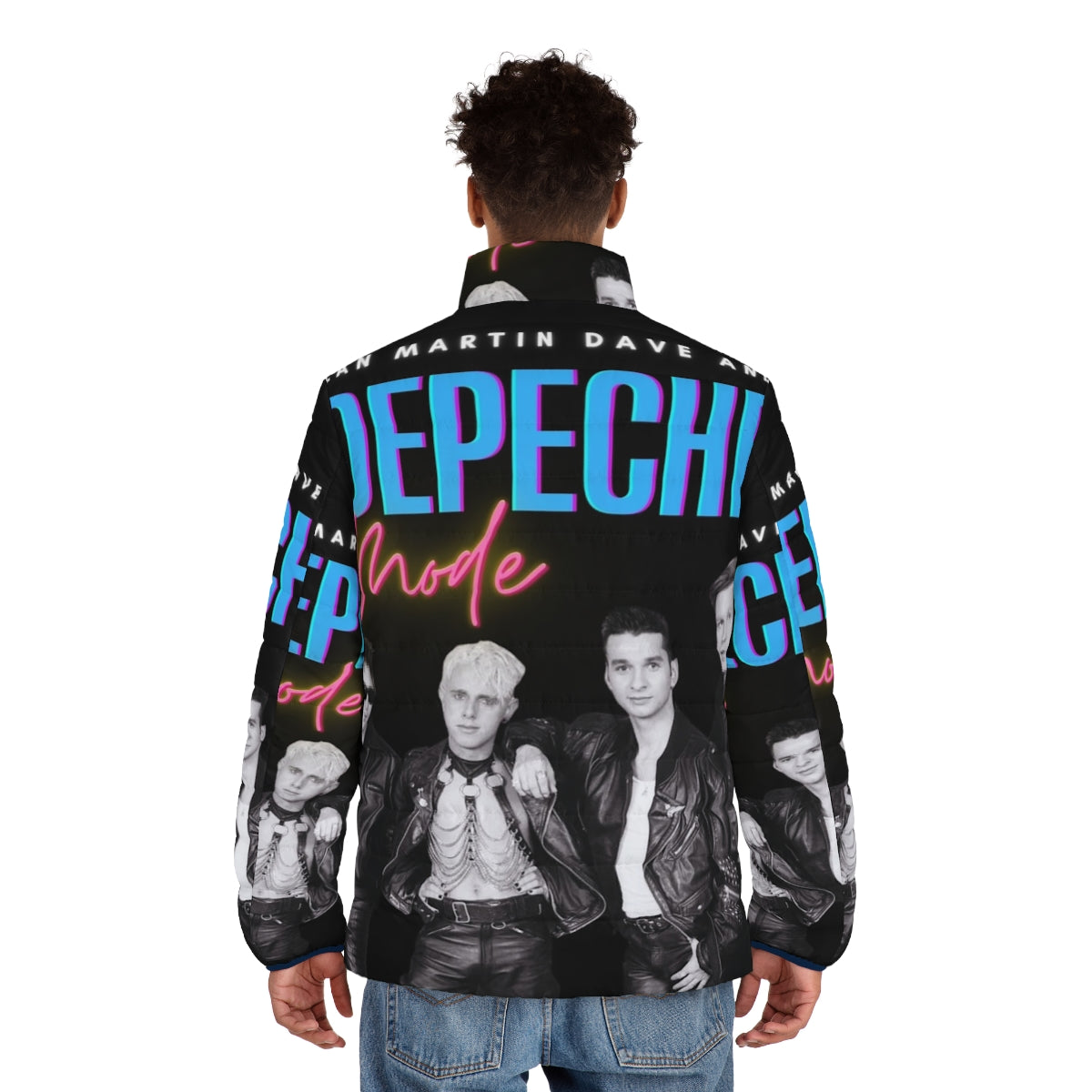 Depeche Mode inspired black puffer jacket with 80s synth-pop design - men back