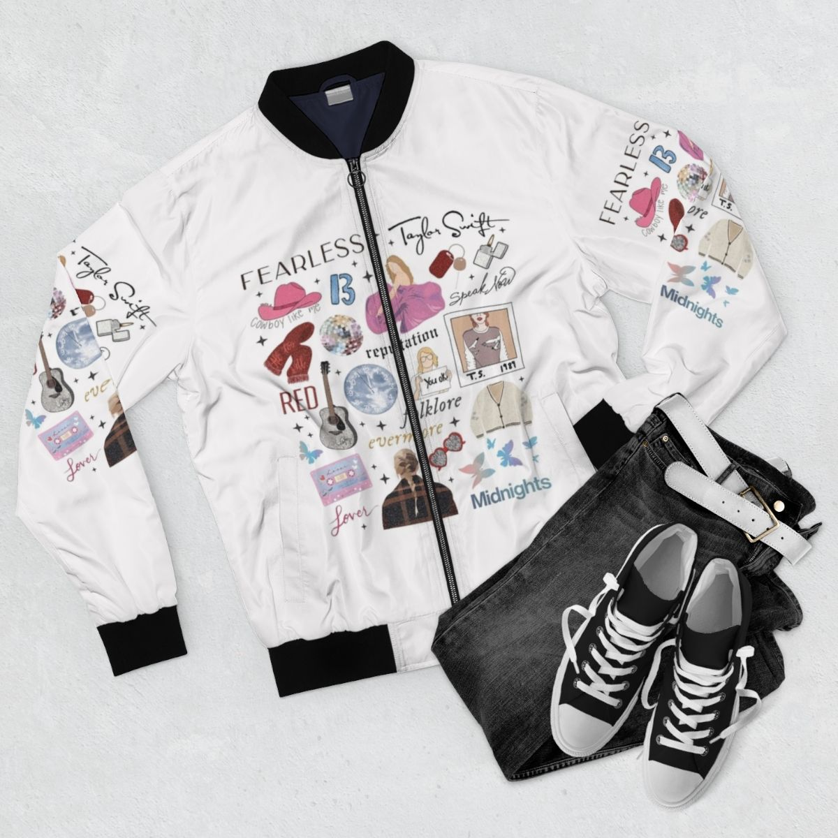 Taylor Swift Eras Tour Bomber Jacket, featuring the Eras Tour logo and vintage design for Swiftie fans - Flat lay