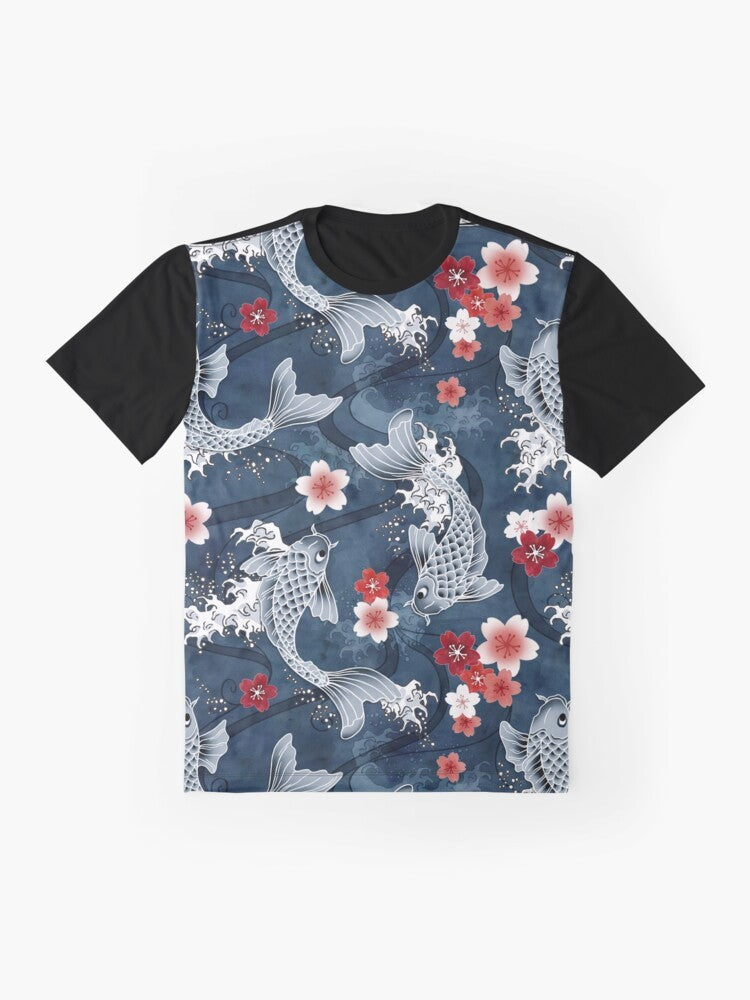 Graphic t-shirt featuring a koi fish swimming amidst sakura blossoms in a blue watercolor-style design - Flat lay