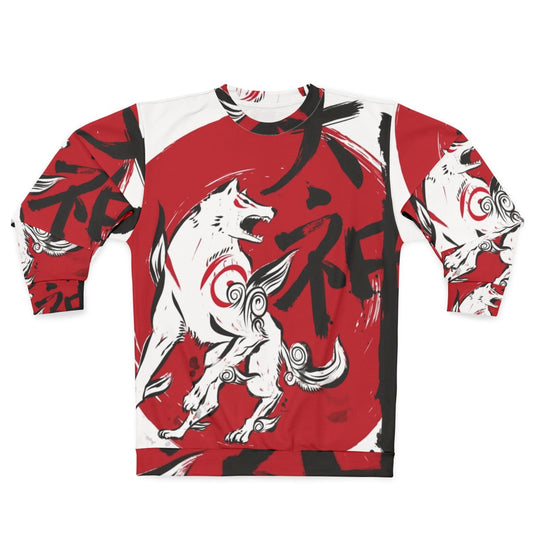 Okami inspired sumi-e sweatshirt with nature-themed graphic