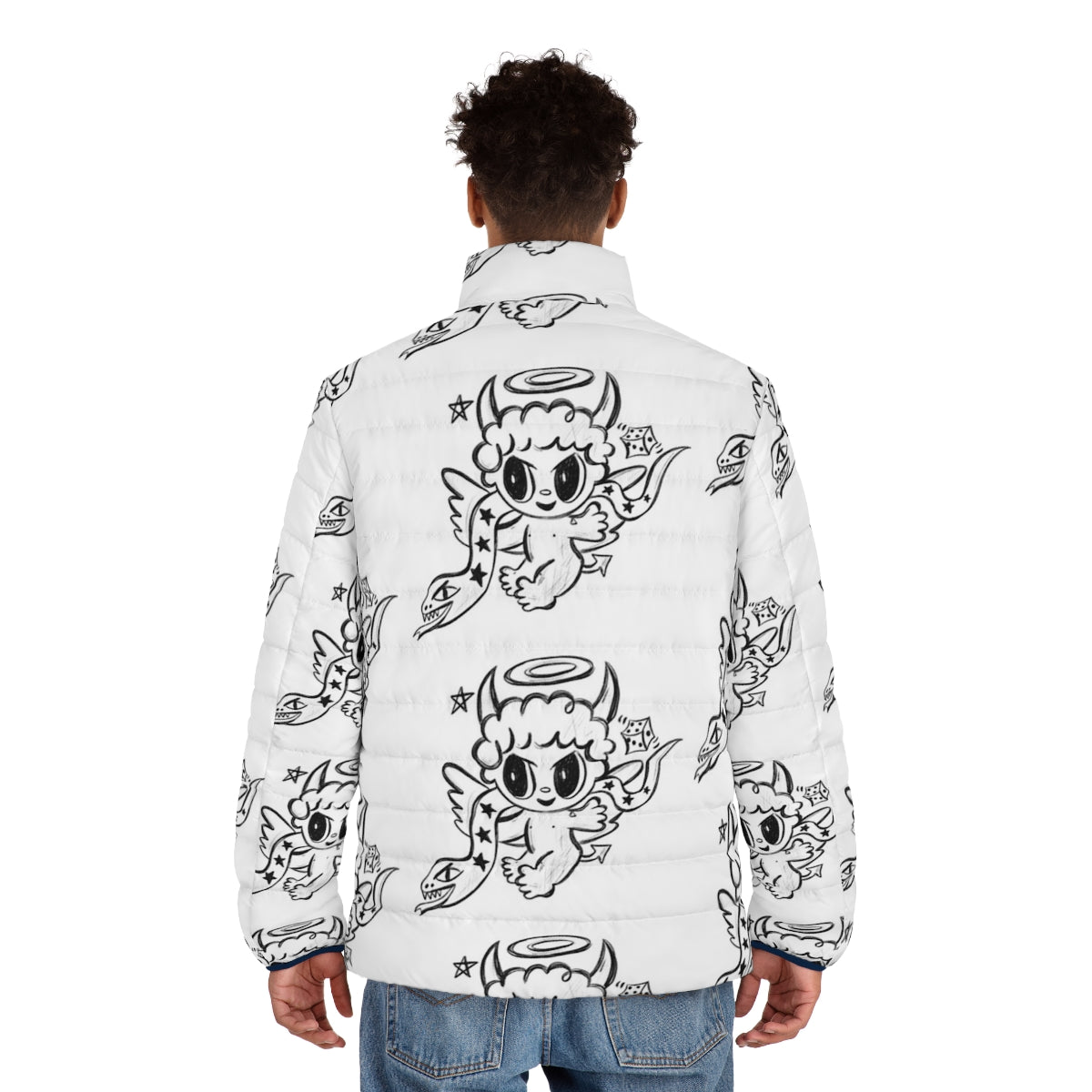 Karol G "Devil Angel" Puffer Jacket with monochrome colorful pencil drawing design - men back