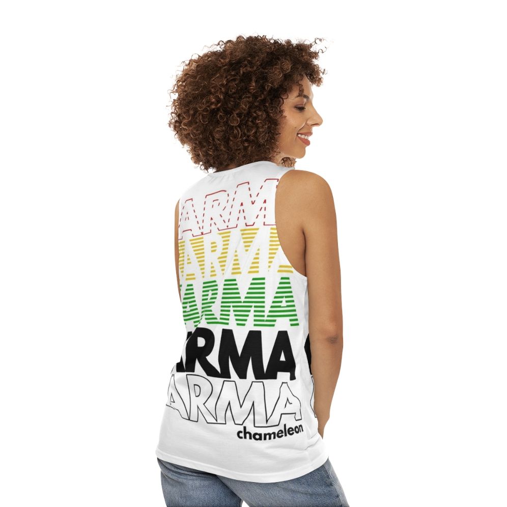 Retro 1980s unisex tank top with Karma Club design - women back