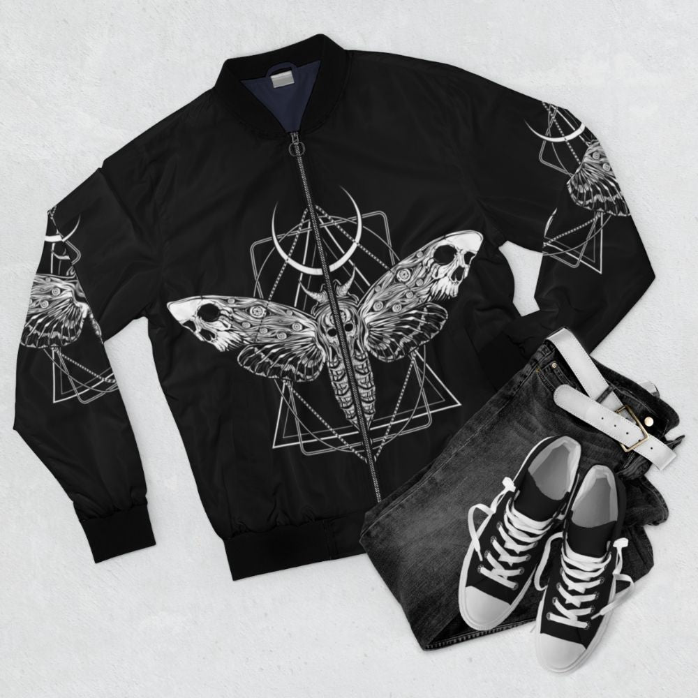 Surreal death moth bomber jacket with gothic and macabre design elements - Flat lay