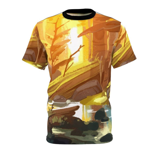 Breathtaking forest and landscape artwork featured on a high-quality all-over print t-shirt