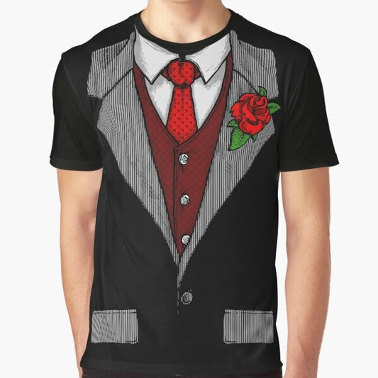 Funny graphic t-shirt design with a tuxedo costume, rose, and red tie for Halloween