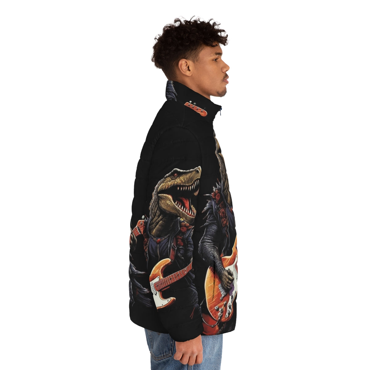 A dinosaur playing a guitar on a puffer jacket, a fun and unique prehistoric rock music lover gift. - men side right