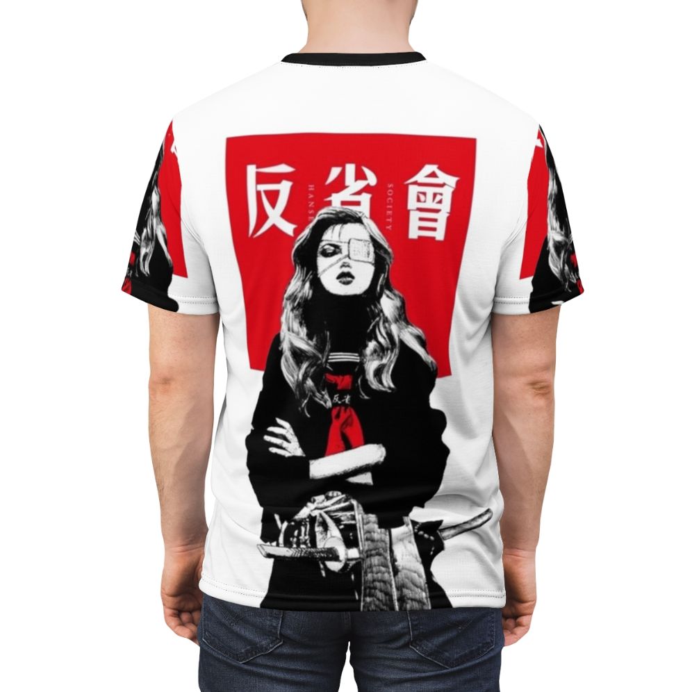 Cyberpunk girl in Japanese samurai inspired urban style graphic t-shirt - men back