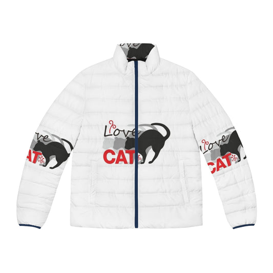 A warm and stylish puffer jacket featuring a cat design for cat lovers