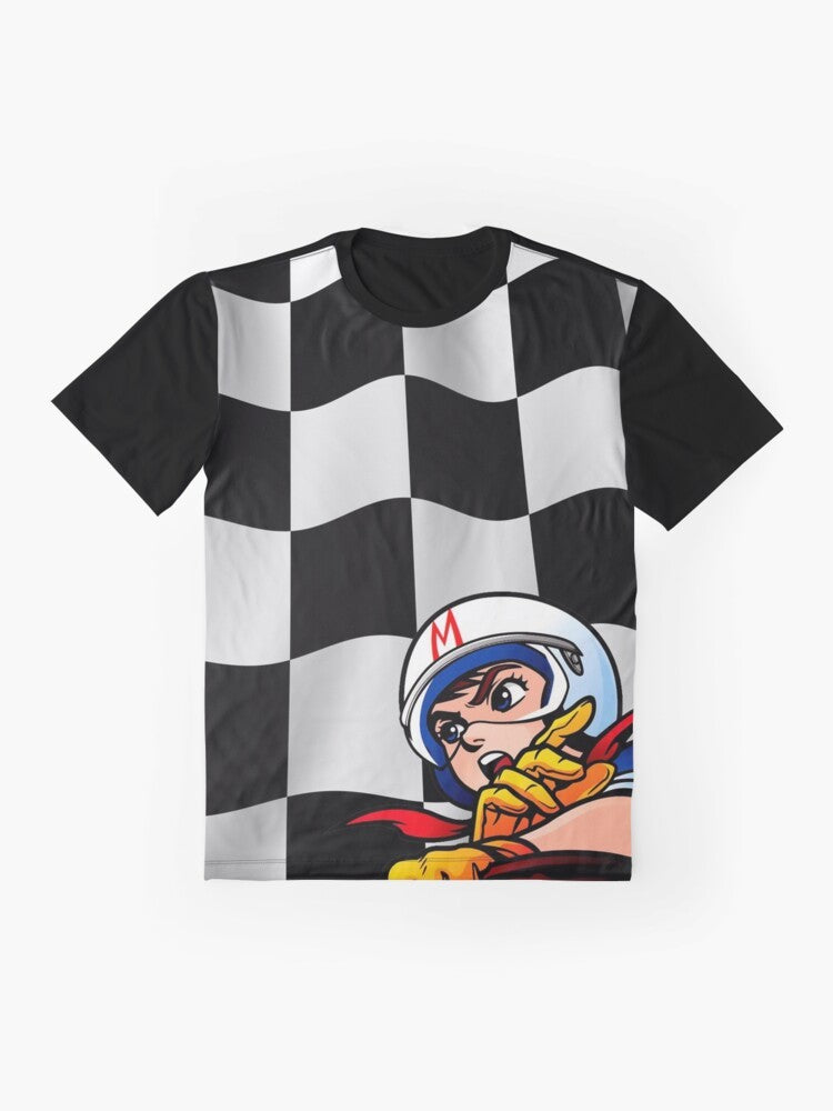 A graphic t-shirt featuring the iconic Speed Racer checkered flag design - Flat lay