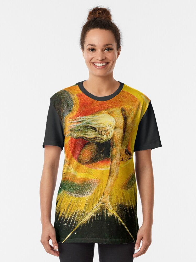 Graphic t-shirt featuring "The Ancient of Days" by William Blake, a mystical and surreal artwork depicting God the Creator. - Women