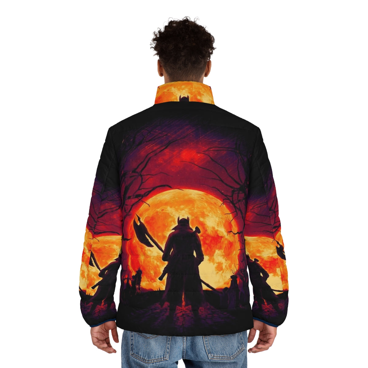 Bloodborne inspired puffer jacket with blood moon and hunting motif - men back