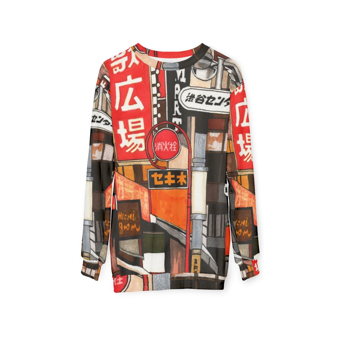 Tokyo Street Signs Sweatshirt with Colorful Graphic Design - hanging