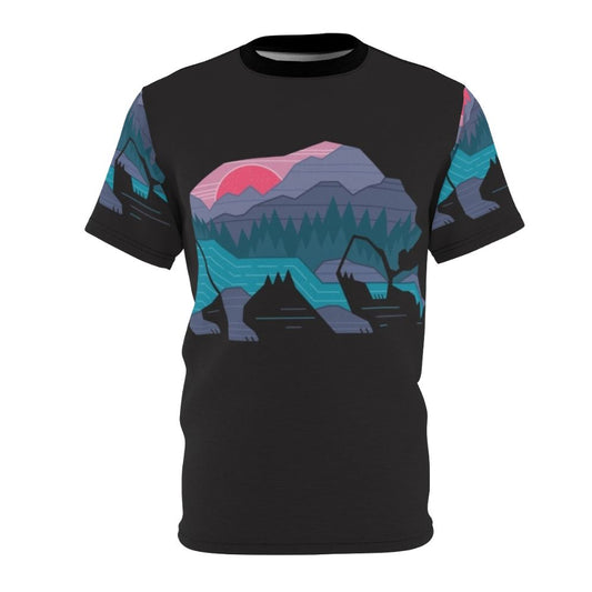 Rugged Bear Country AOP T-Shirt featuring a minimalist graphic design of bears, mountains, and wilderness