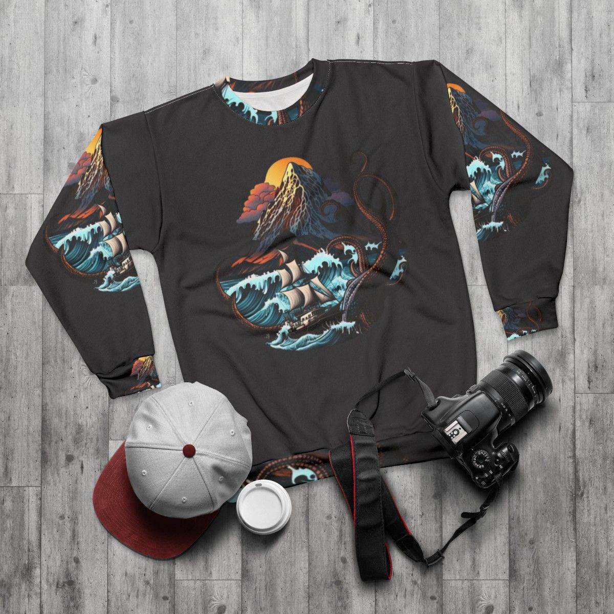 Mythical sea creatures sweatshirt with whimsical fantasy design - flat lay