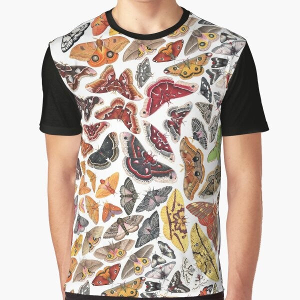 Graphic t-shirt featuring a pattern of saturniid moths, common insects found in North America