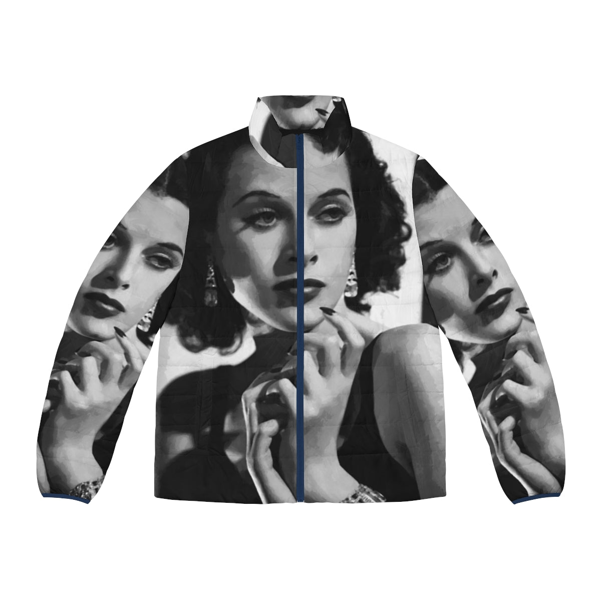 Vintage puffer jacket with a portrait of Hollywood actress and inventor Hedy Lamarr