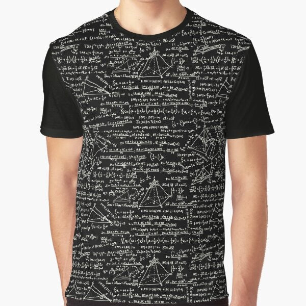 Graphic t-shirt featuring mathematical equations and symbols, ideal for math enthusiasts.