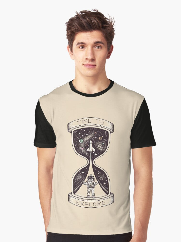 Astronaut exploring the galaxy with planets, stars, and an hourglass on a graphic t-shirt - Men