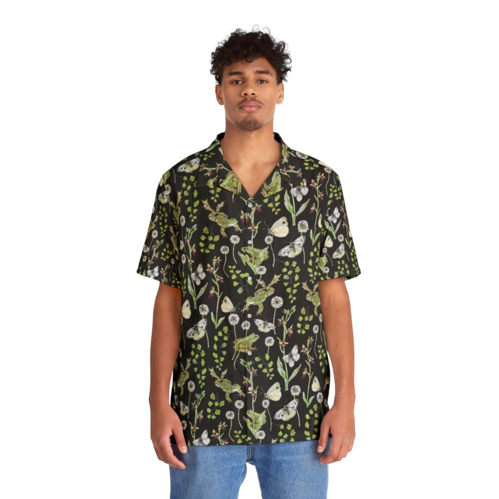 Springtime Frogs and Orchids Hawaiian Shirt featuring a watercolor design of frogs, orchids, and nature elements - People Front