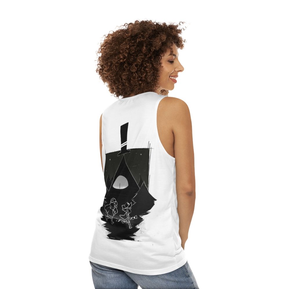 Gravity Falls inspired unisex tank top featuring Dipper, Mabel and Bill Cipher - women back