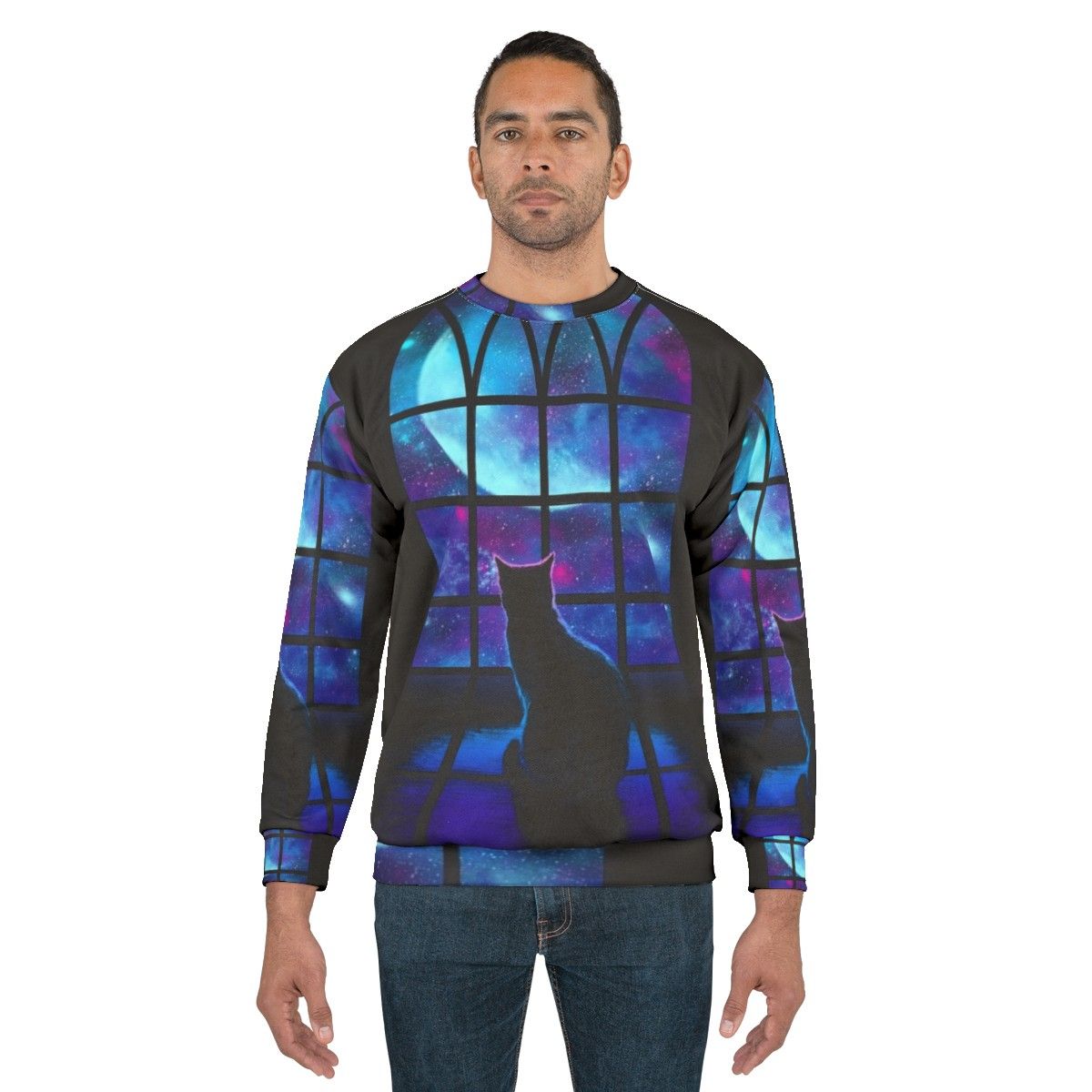 A stylish space-themed sweatshirt with a cute cat design - men