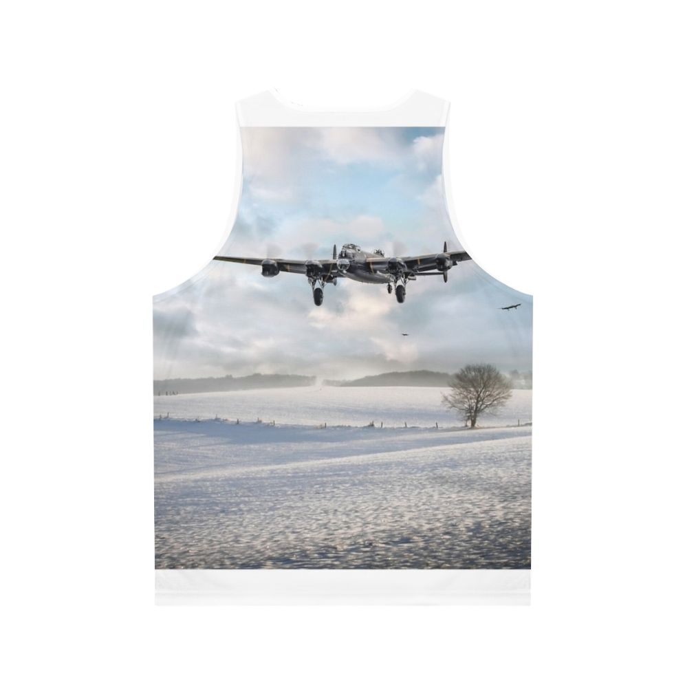 Unisex tank top featuring a Lancaster bomber in a snowy winter scene - Back