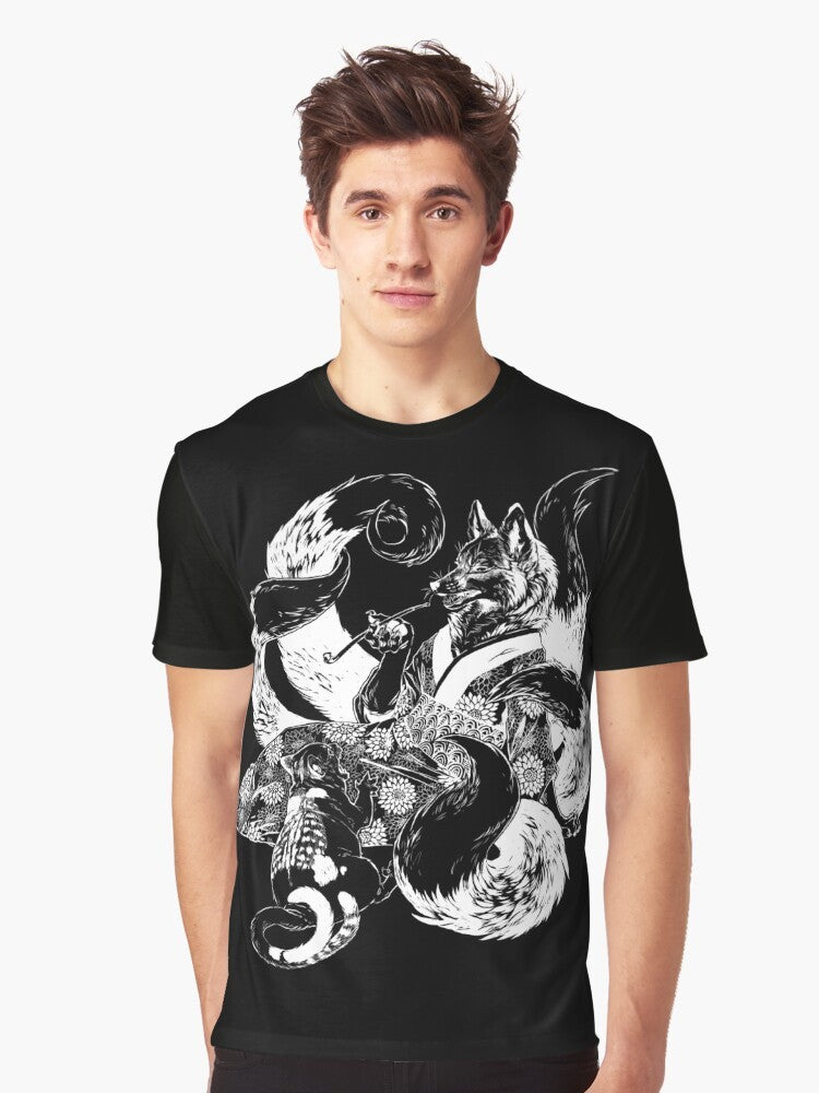 Illustration of a nekomata (two-tailed cat demon) arguing with a kitsune (fox spirit) on a graphic t-shirt - Men