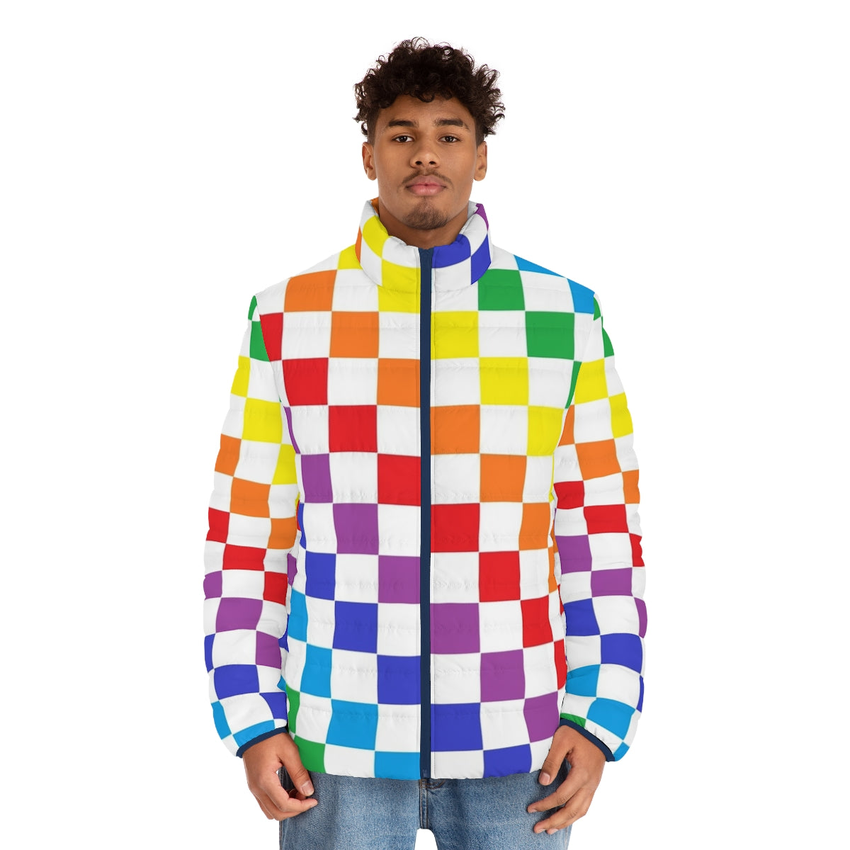 Checkered rainbow puffer jacket with a fun, colorful pattern - men front