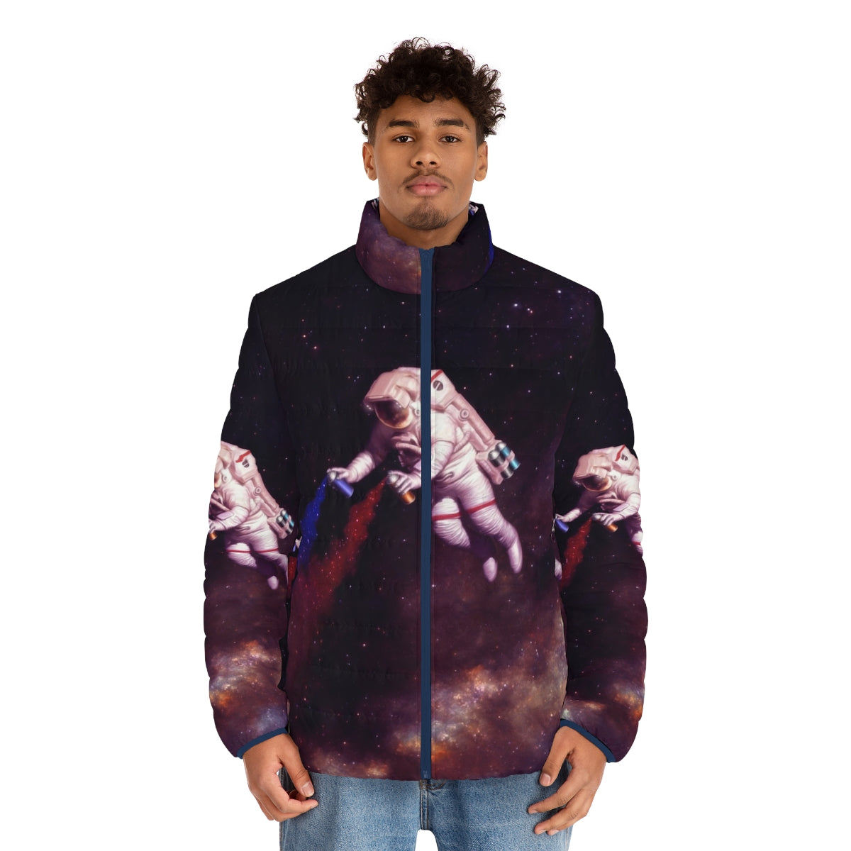 Colorful puffer jacket featuring an astronaut artist design with shooting stars, galaxies, and space elements - men front