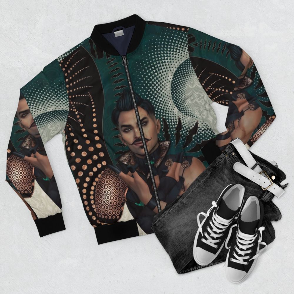 Dragon Age Dorian Pavus Bomber Jacket with Tarot Card and Mage Motifs - Flat lay