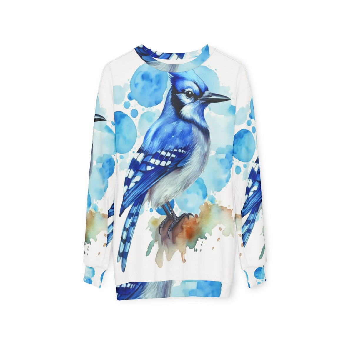 Closeup of a stylish blue jay sweatshirt with watercolor design - hanging